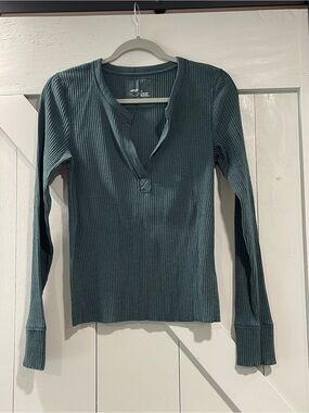 aerie Ribbed Long-Sleeve Henley Top in Deep Teal